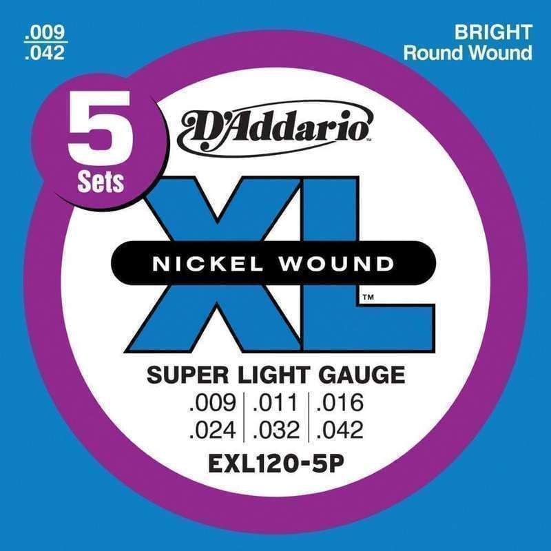 D'Addario Electric Guitar Strings, XL Nickel, EXL120-5P, Super Light Gauge 09-42, 6-String Set, Pack of 5