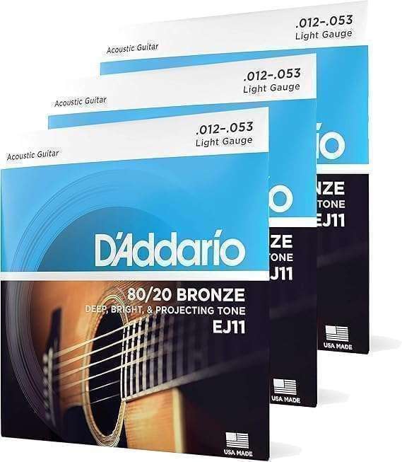 D'Addario Acoustic Guitar Strings, 80/20 Bronze, EJ11-3D, Light Gauge 12-53, 6-String Set, Pack of 3