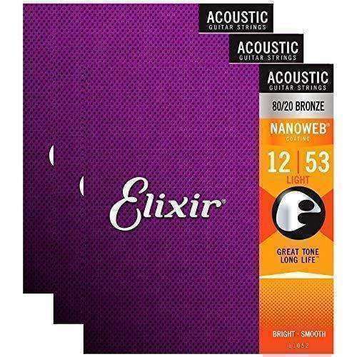 Elixir 80/20 Bronze Nanoweb 11052 Light 12-53 Acoustic Guitar Strings 3-Pack w/Bonus Elixir Pick