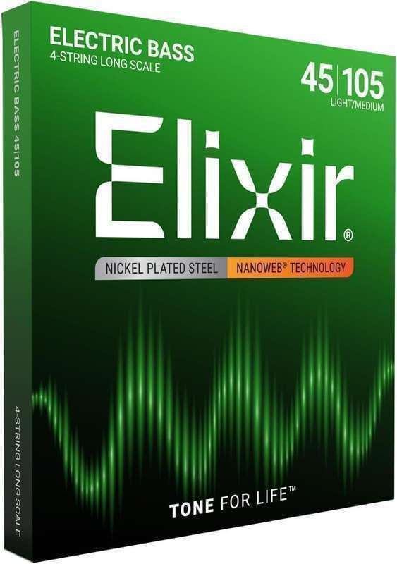 Elixir Strings Nickel Plated Steel 4-String Bass Strings w NANOWEB Coating, Long Scale, Light/Medium (.045-.105)