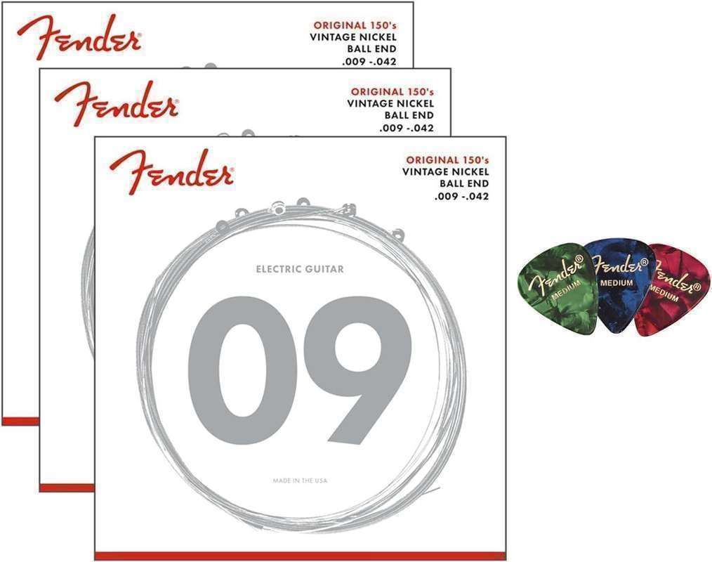 Fender Original 150 Pure Nickel Electric Guitar Strings Wound, Ball End - Light .009-.042 3-Pack Bundle with 3-Pack Picks
