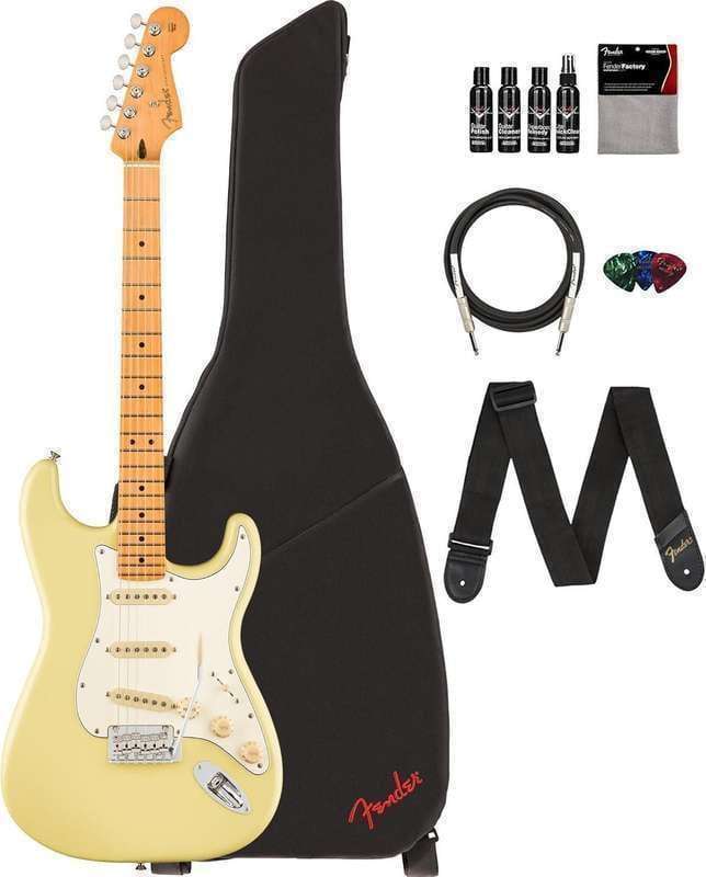 Fender Player II Stratocaster - Hialeah Yellow Bundle with Gig Bag, Strap, Cable, 3-Pack Picks and Guitar Cleaning Kit