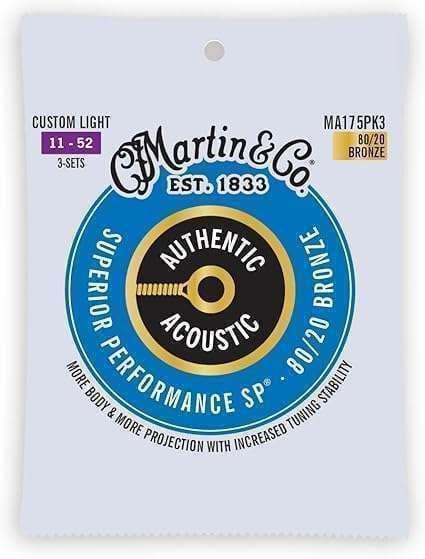 Martin Authentic Acoustic Guitar Strings, Superior Performance Custom Light 11-52, 80/20 Bronze, 3 Pack