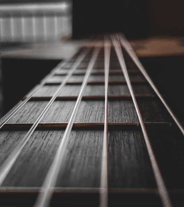Close-up of a guitar fretboard showing strings and frets