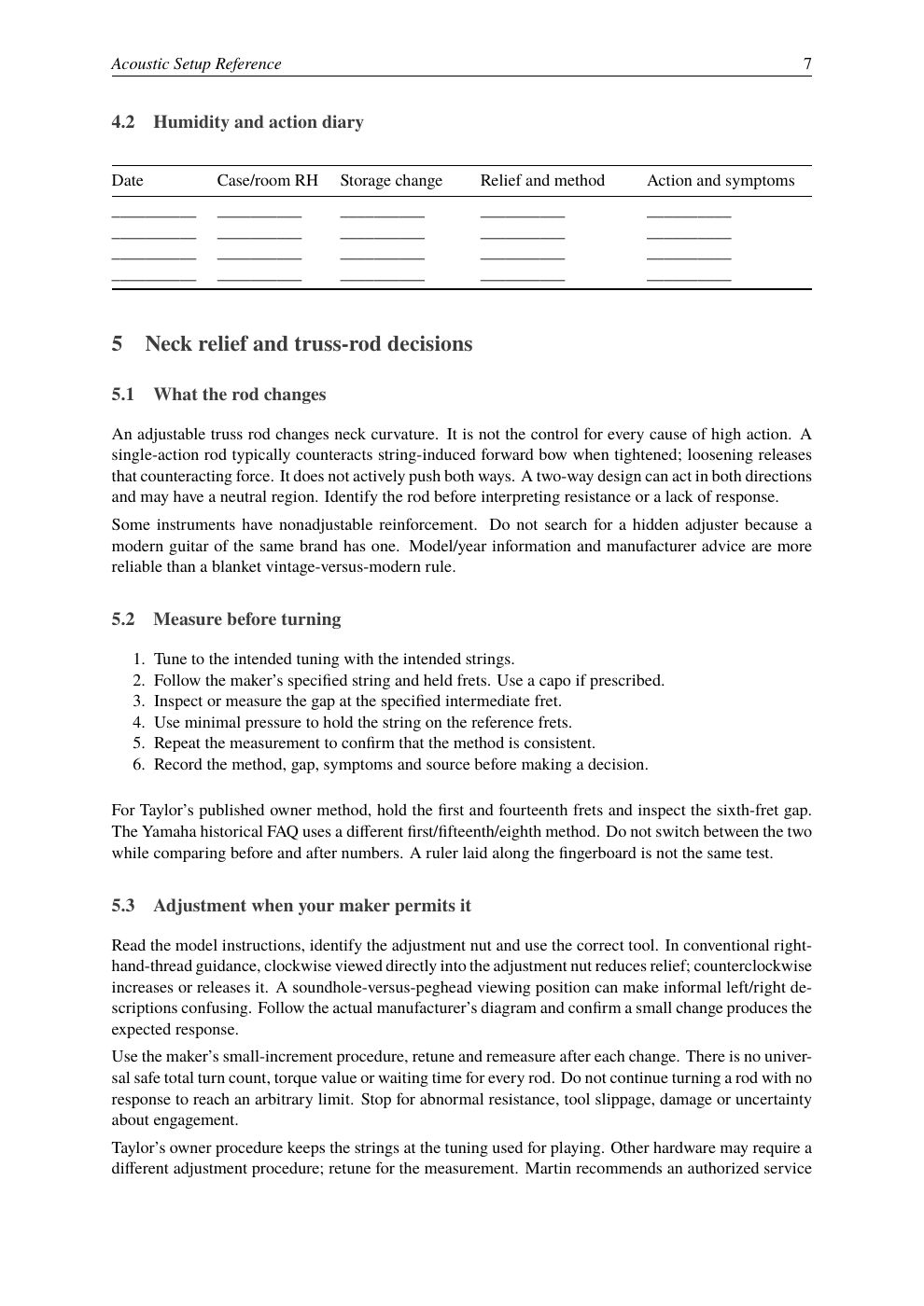 Acoustic guide page: humidity and action diary table and neck relief / truss-rod decision sections
