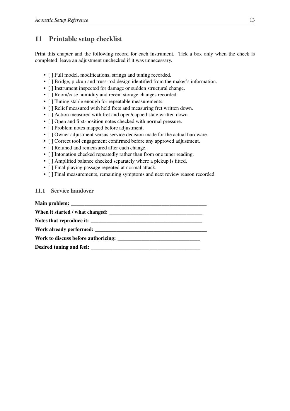 Acoustic guide page: printable setup checklist with tick boxes and a service handover form