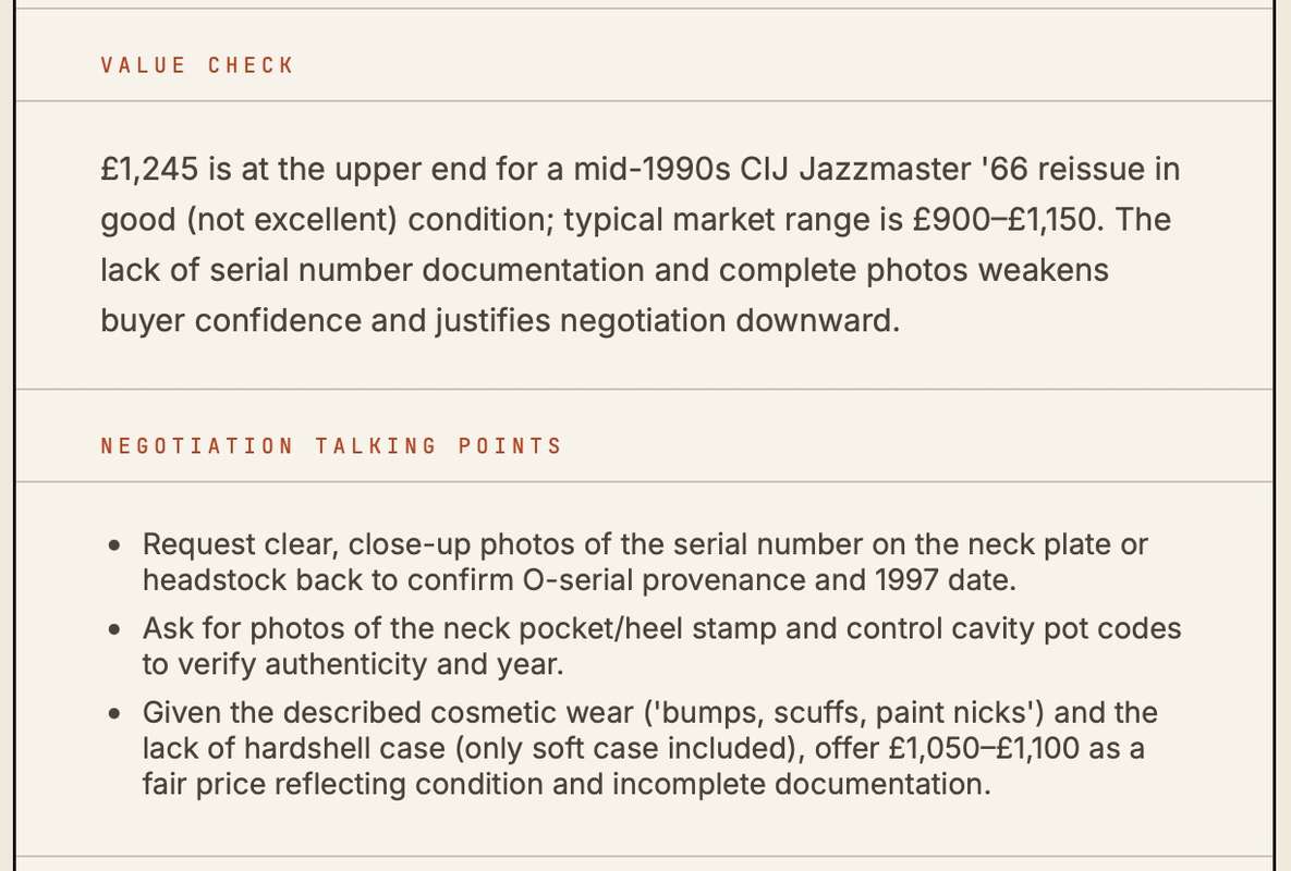 Sample authenticity report value check and negotiation talking points