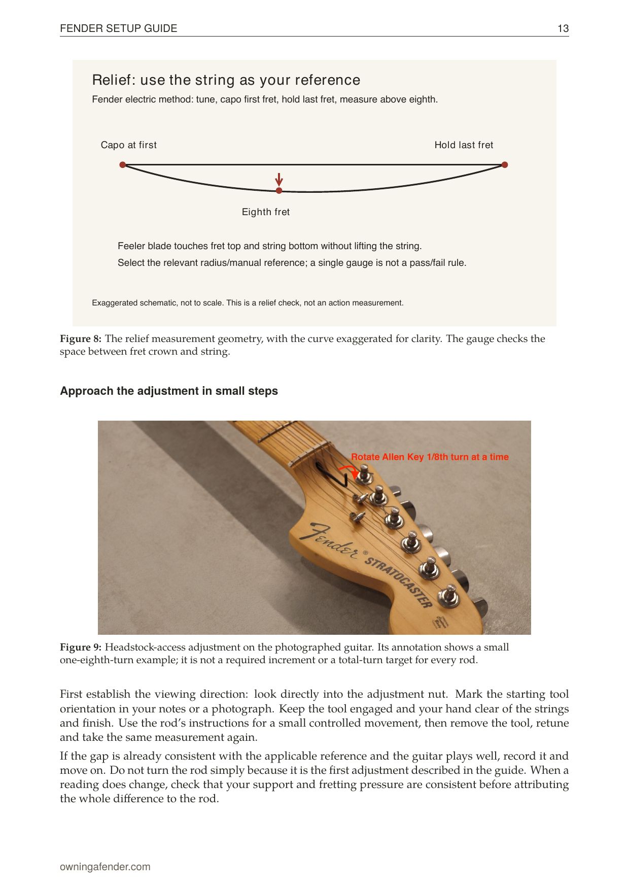 Fender Setup Guide inside page with a neck-relief diagram and a photographed headstock truss-rod adjustment