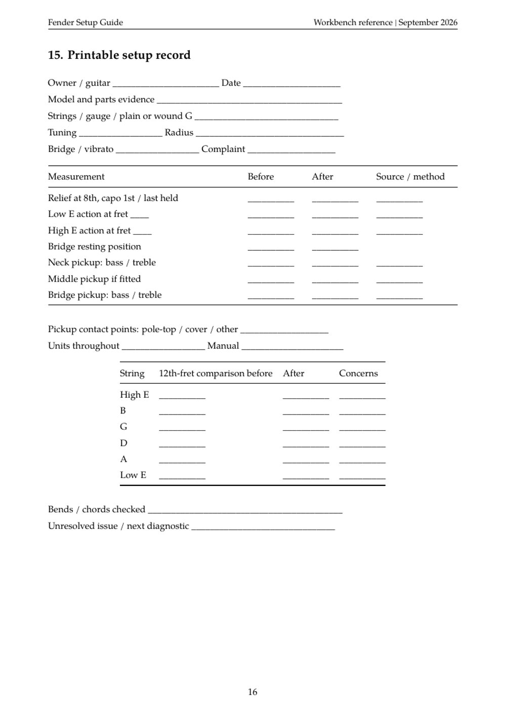 Printable setup log for relief, action, pickups and intonation