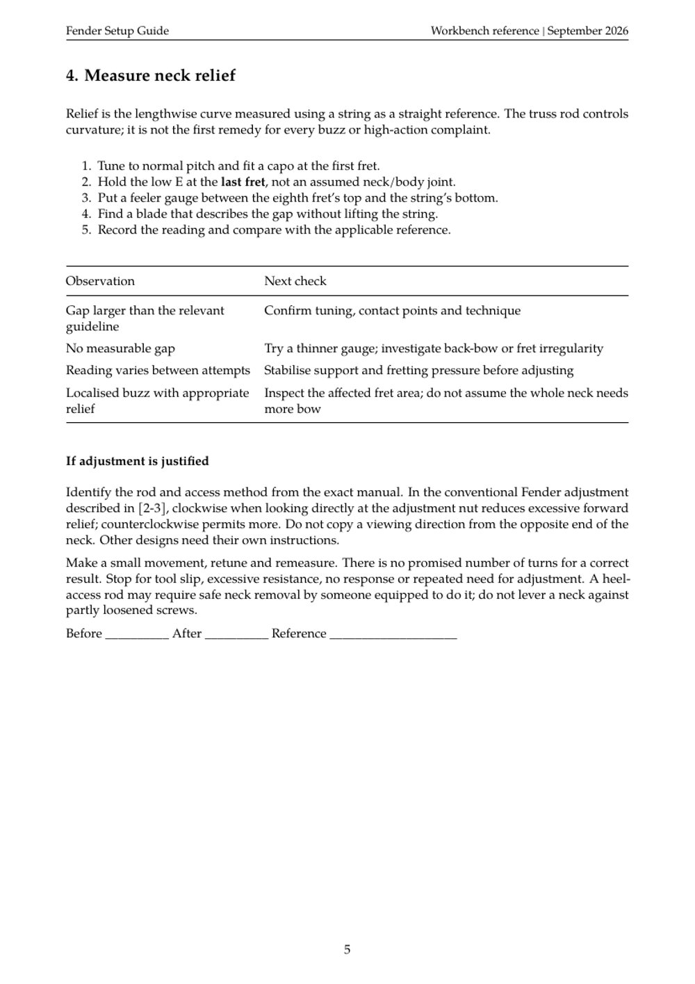 Fender Setup Guide page showing a neck-relief measurement steps, diagnostic checks and adjustment limits