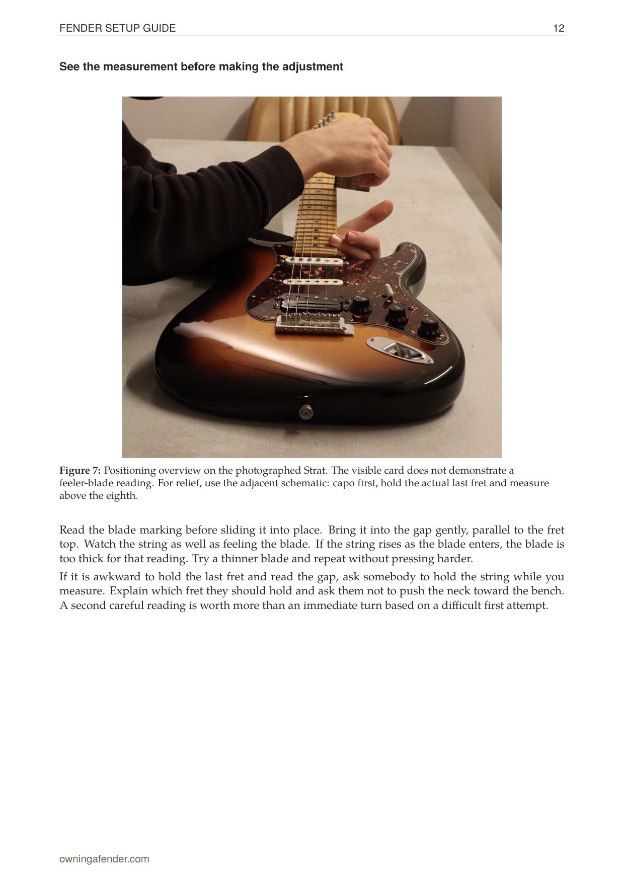 Fender Setup Guide page showing a neck-relief positioning photograph and measurement instructions