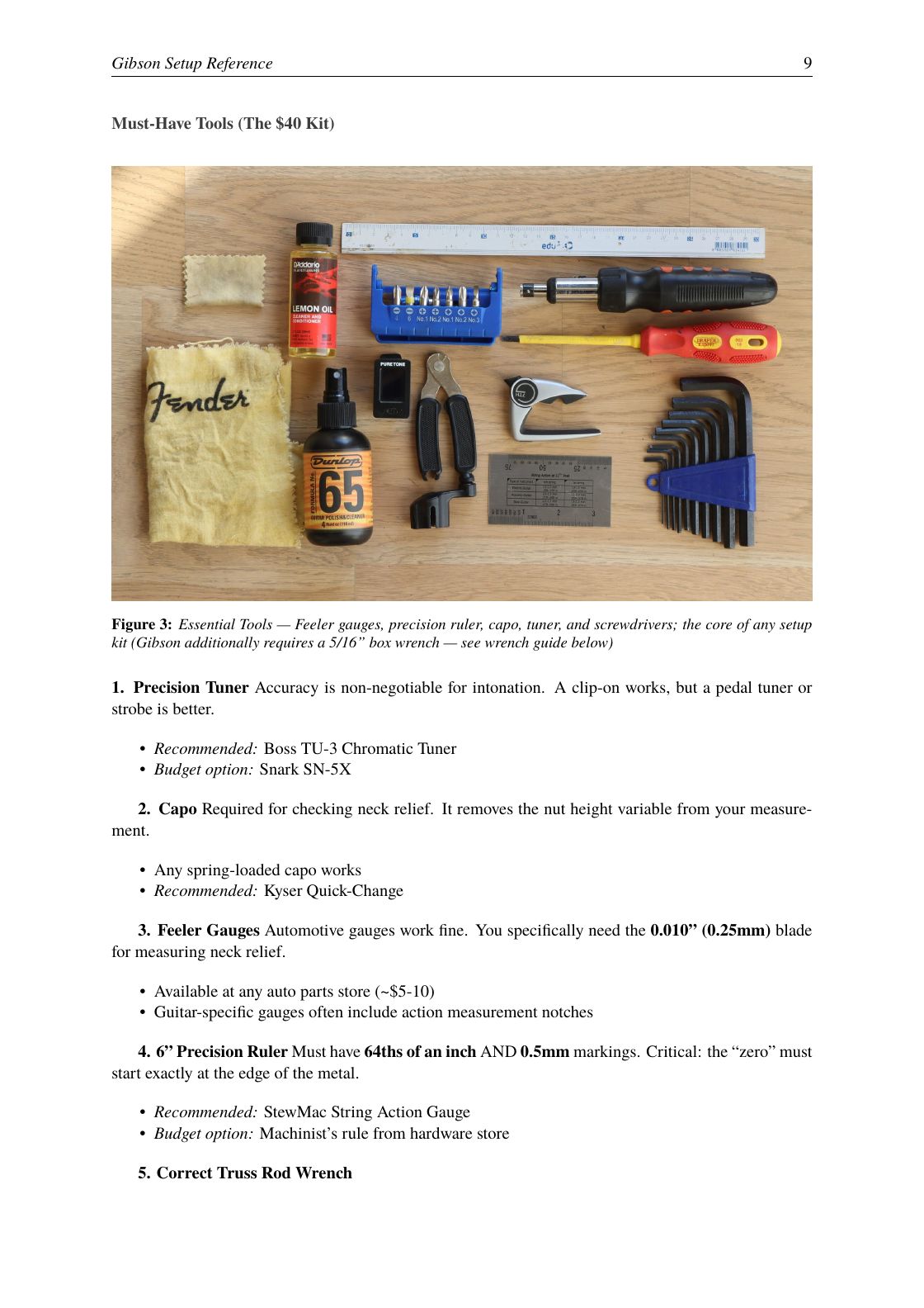 Gibson guide tools page with a photograph of general measuring and restringing tools