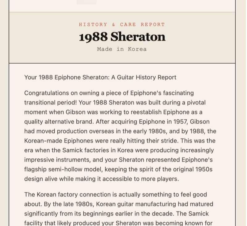 A Guitar History Report showing the production year, factory, and era context for a guitar