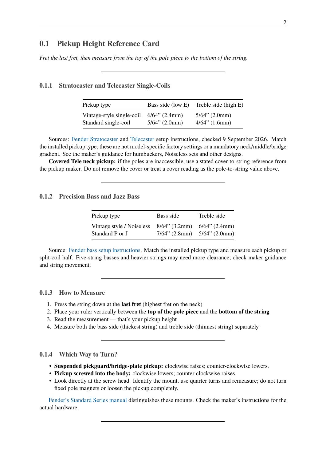 Pickup Height Reference Card