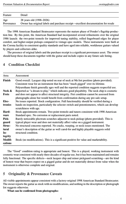 Real premium report page: condition checklist covering finish, neck and frets, electronics, hardware, and originality caveats