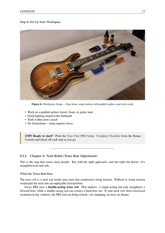 PRS Setup Guide — inside page, specs and step-by-step instructions