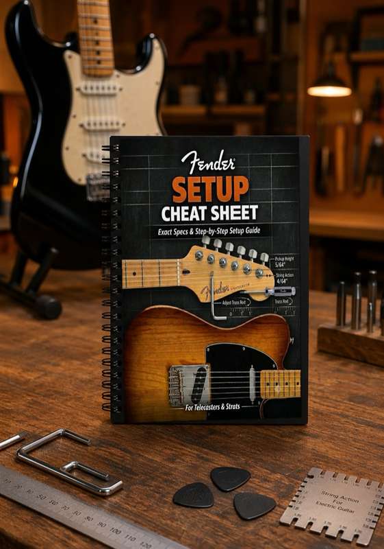 Fender Setup Cheat Sheet cover shown on a guitar workbench; supplied as a digital PDF