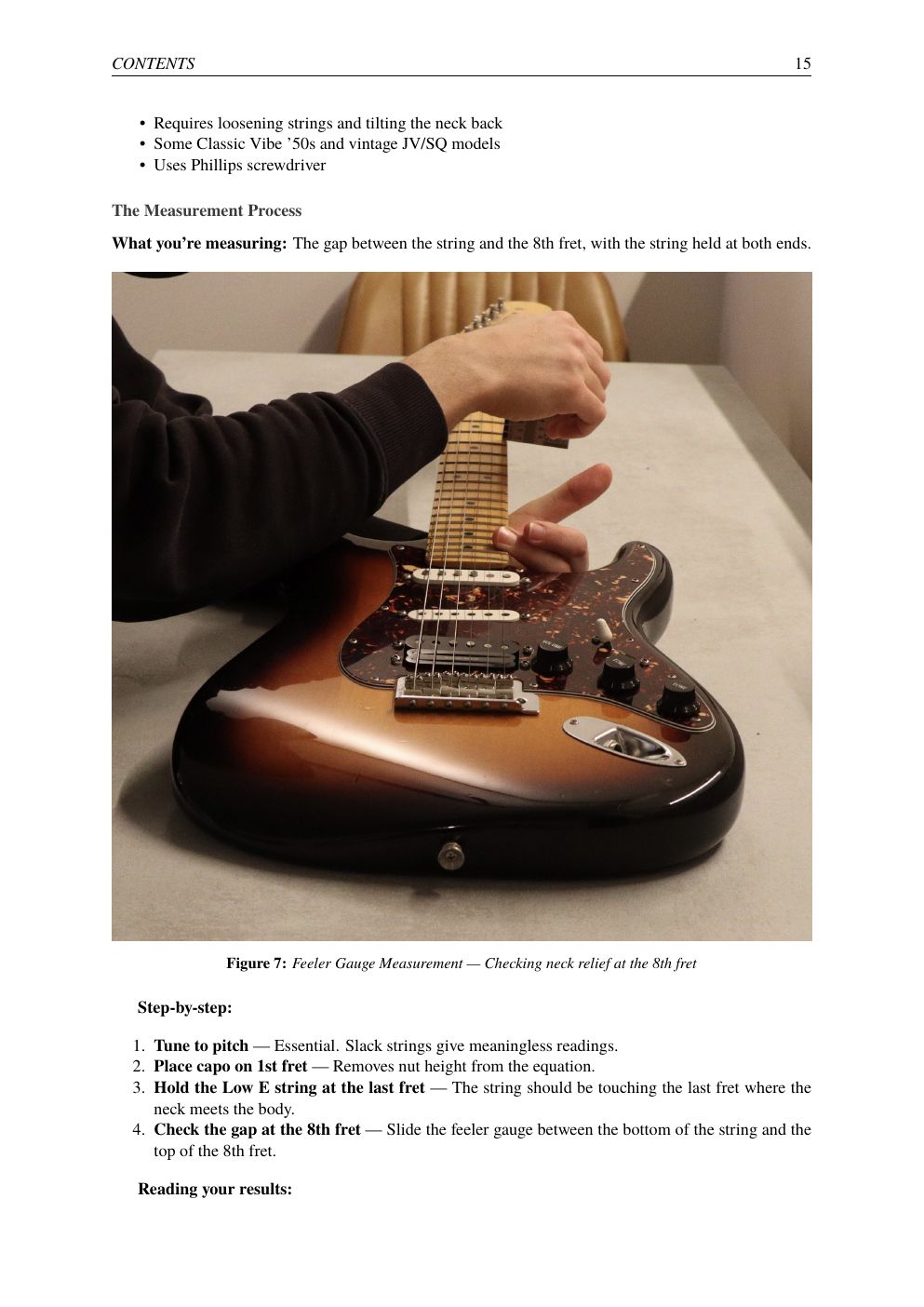 Squier Setup Guide — measuring neck relief with a feeler gauge at the 8th fret