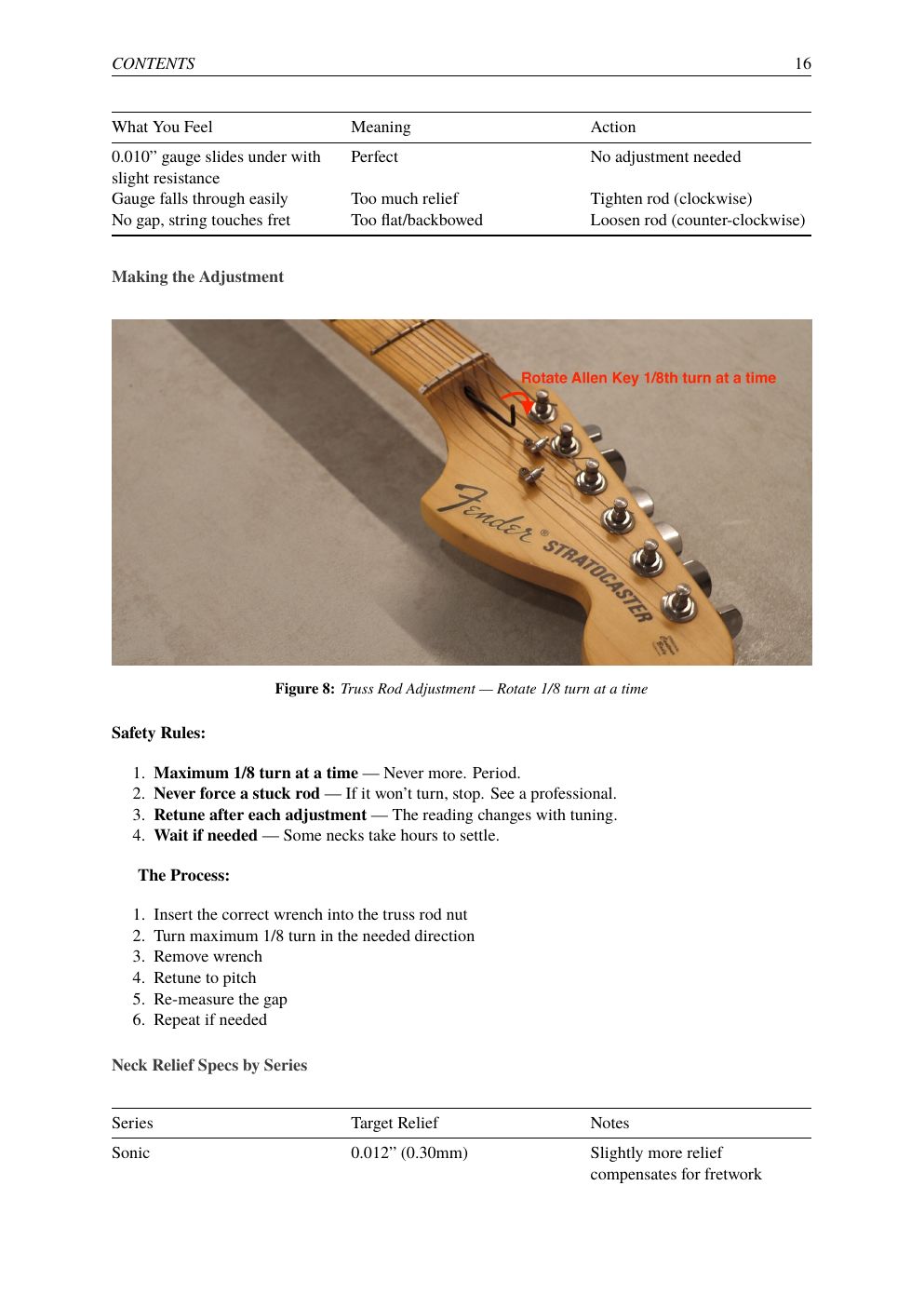 Squier Setup Guide — truss rod adjustment, 1/8 turn at a time